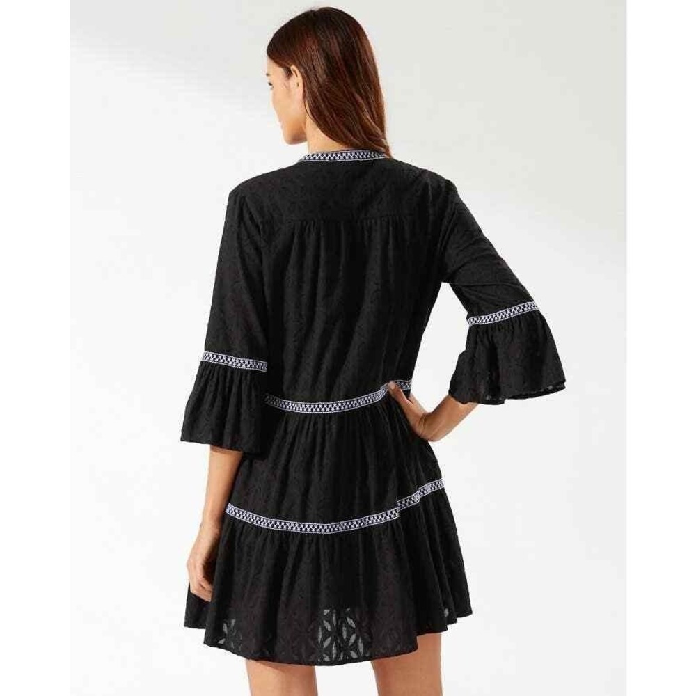 TOMMY BAHAMA Textured Tiered Short Dress Womens XS Black Cotton Clip Embroidered - Picture 3 of 16